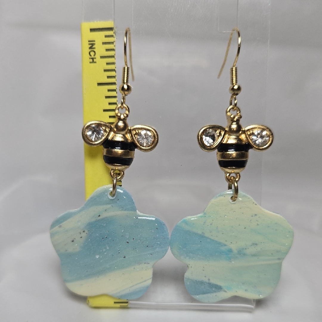 #B67- Elegant Gold And Blue Bee Drop Earrings
